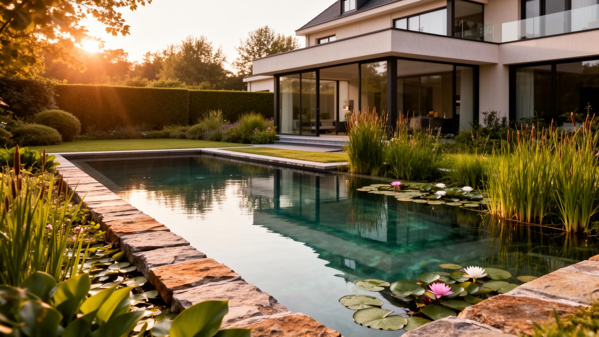Luxe bio-zwembad in een Belgische villatuin tijdens golden hour — Bio Pools & Gardens