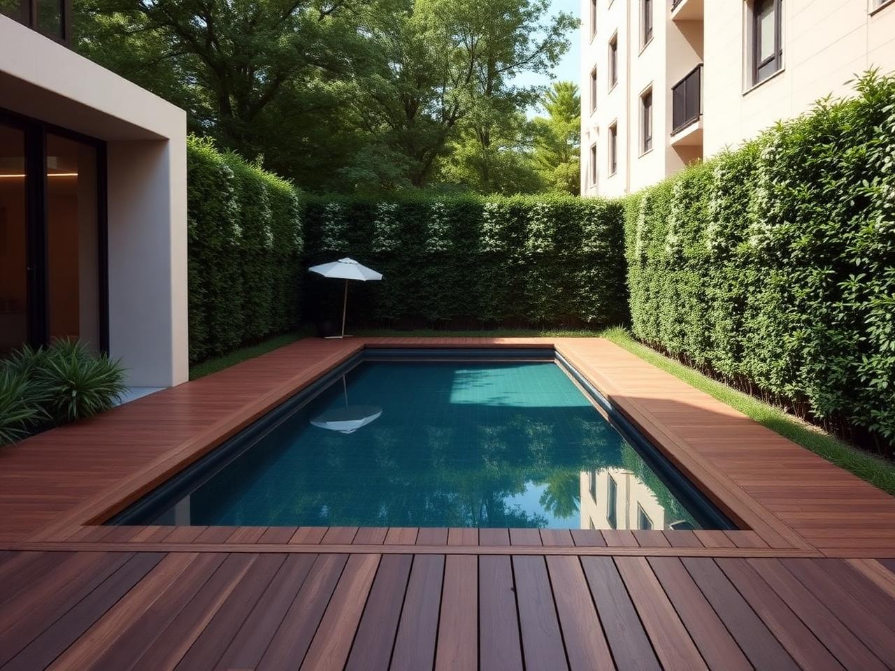Zwembad in compacte stadstuin met houten terras