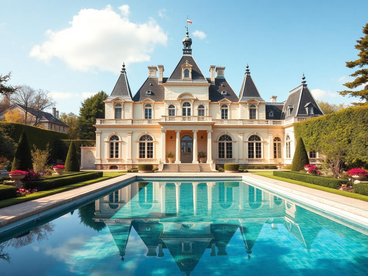 Bio-zwembad bij kasteel met klassieke architectuur