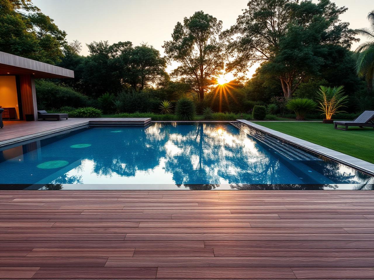 Infinity pool bij luxe villa met houten terras